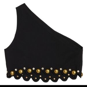 AREA NYC One Shoulder Studded Rhinestone Crop Top Black Size M
